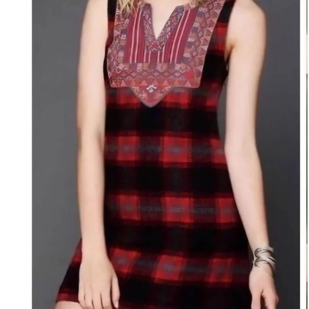 Free People Plaid Embroidered Dress